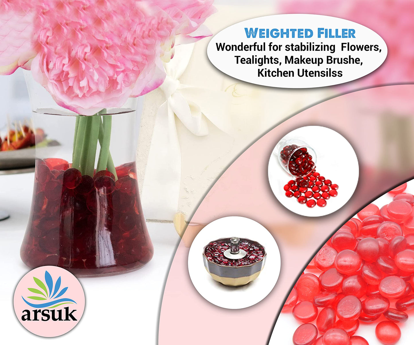 ARSUK 2LB Red Glass Pebbles for Vase Fillers, Aquarium Gravel, Decorative Stones for Crafts, Fish Tanks, Plant Pots, Wedding, Garden, Home Decor – Flat Glass Marbles (Red, 2LB)