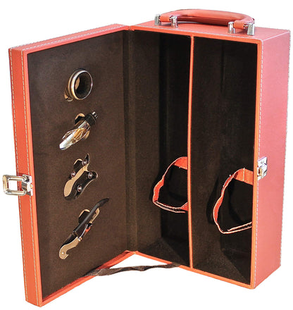 Digilant Lifestyle Top Handle Travel Two-Bottle Wine Carrier Case with 4 Piece Wine Accessory Set (Red)