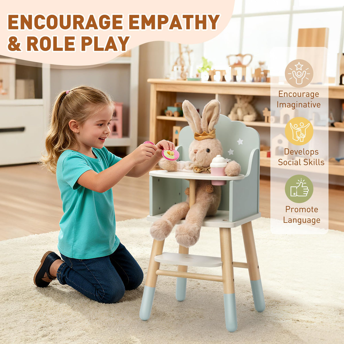 Pithfor Wooden Baby Doll High Chair, Baby Doll Furniture, Fits Up to 18 inch Dolls, 18 inch Doll Accessories - Green