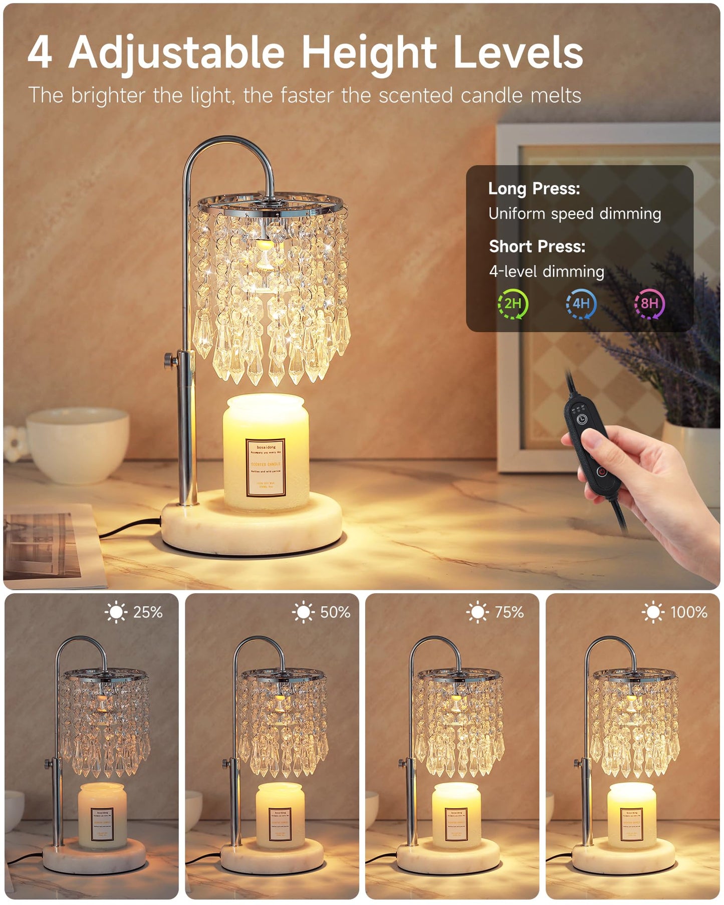 Candle Warmer Lamp with Timer Dimmer and 3 Bulbs, Candle Lamp Warmer with Marble Base for Adjustable Height, Crystal Candle Lamp for Jar Candles, House Warming Gifts Home Room Decor, Silver
