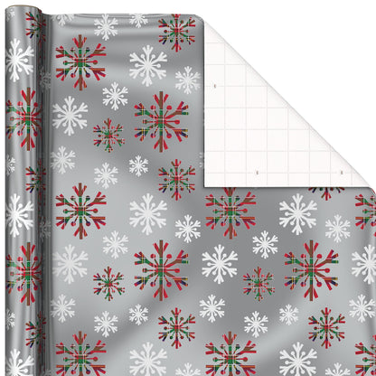 Hallmark Foil Christmas Wrapping Paper with Cut Lines on Reverse (3 Rolls: 60 sq. ft. ttl) Plaid Snowflakes, Snowmen, Red, Green and Blue Plaid