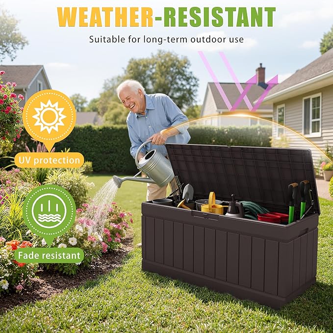 Greesum Outdoor Storage Box 82 Gallon Storage Bin with Lid for Patio Furniture, Garden Tools, Pool Supplies, Waterproof and UV Resistant, Lockable, Dark Brown
