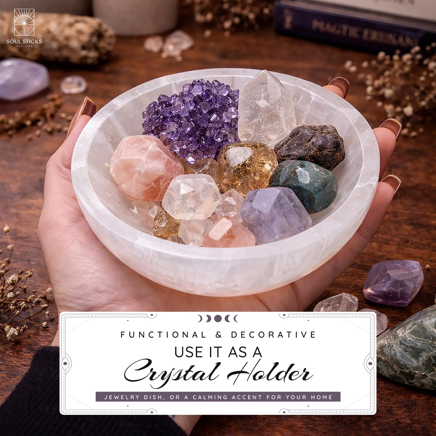 Soul Sticks Selenite Crystal Bowls for Smudging, Healing, Recharging Crystals | Pure Selenite Smudge Bowl & Crystal Charging Station Ethically Sourced in Morocco (4 Inch (Pack of 1)