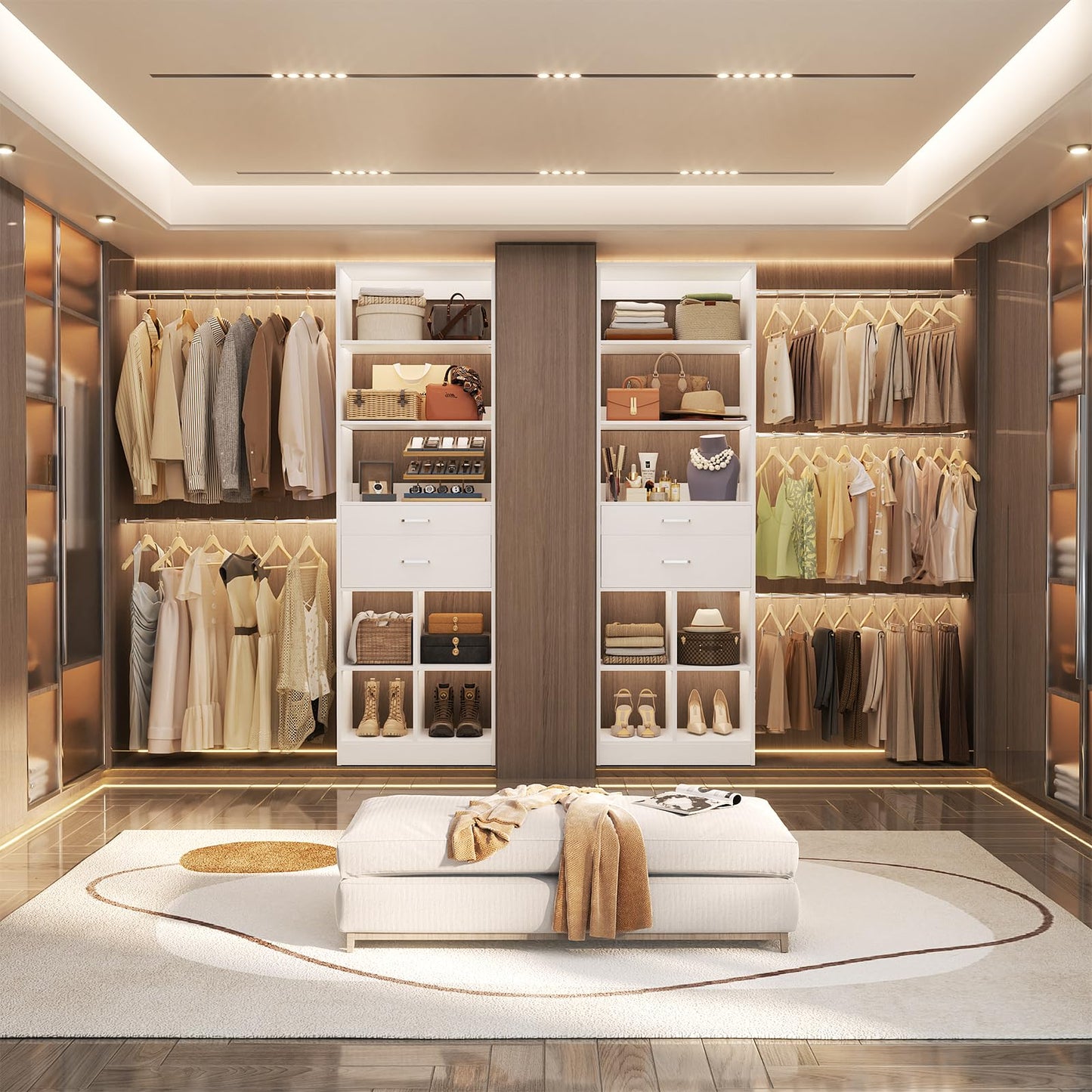 Besiost Closet System, 4-8 FT Closet Organizer Tower with 2 Wooden Drawers and 5 Hanging Rods, Can Fit 60 to 96 inch Walk-in Closet System, White