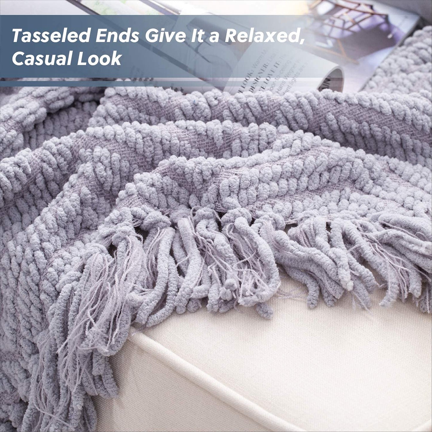 Bedsure Throw Blankets for Couch - Textured Chunky Knit Woven Chenille Blanket - Super Soft, Warm Decorative Boho Throw with Tassels for Bed, Sofa and Living Room Decor, Grey, 50x60 Inches