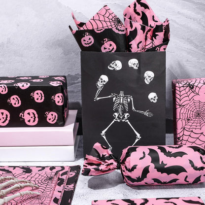 Whaline 90 Sheets Halloween Tissue Paper Pink Black Pumpkin Bat Spiderweb Gift Wrapping Paper for DIY Art Craft Halloween Birthday Baby Shower Party Supplies, 13.7 x 19.6 Inch