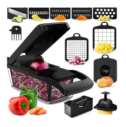 PrepNaturals Vegetable Chopper with Container, Veggie Chopper, Food Chopper & Onion Chopper - Mandoline Slicer for Kitchen (8 in 1, Black)