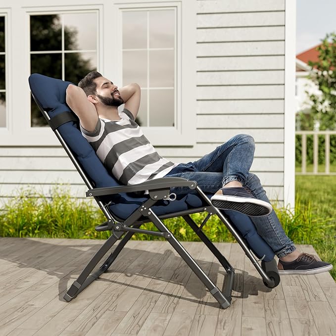 UDPATIO Oversized Zero Gravity Chair, 33In XXL Patio Reclining Chair with Cushion, Outdoor Folding Recliner with Pillows|Cup Holder|Foot Rest|Padded Headrest, Navy Blue, Support 500LB