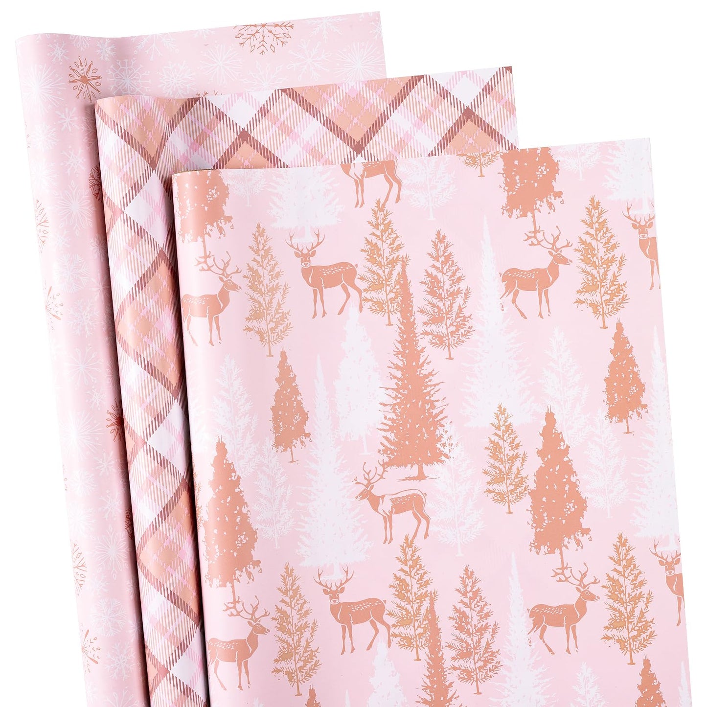 RUSPEPA Pink Christmas Wrapping Paper Set, Mini Roll, Gold Foil Winter Wonderland Design with Reindeer, Snowflake, Plaid Patterns Perfect for Holiday Gifts, 3 Rolls, 17 inches x 10 feet per Roll