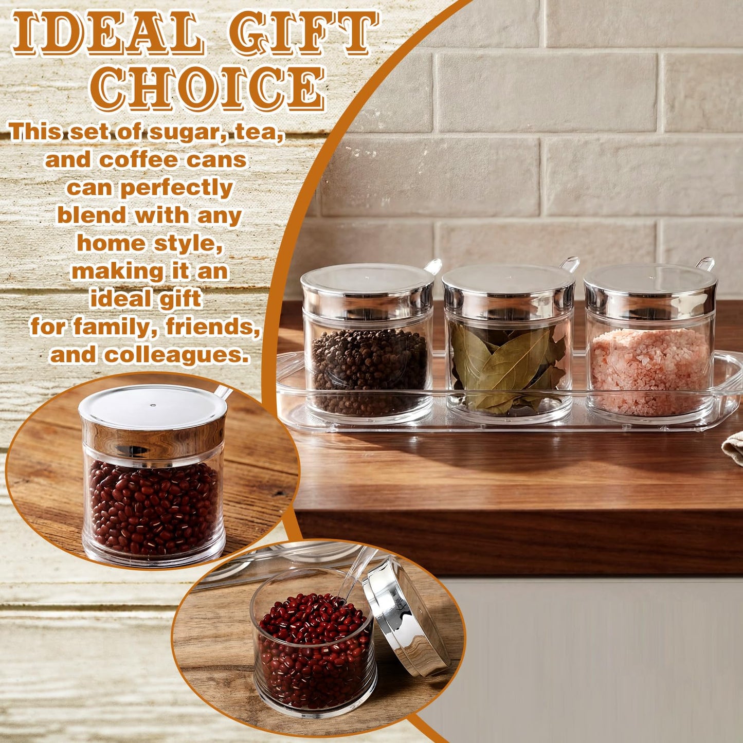 Ferrochef Set of 3 Acrylic Sugar Container with Lid Spoon and Tray 7oz Clear Condiment Coffee Jars Container with Labels Seasoning Salt Box Set for Kitchen Storage Coffee Bar