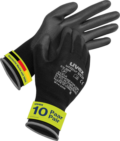 10 pairs of Uvex Unipur 6639 protective work gloves with PU coating against mechanical risks, EN 388
