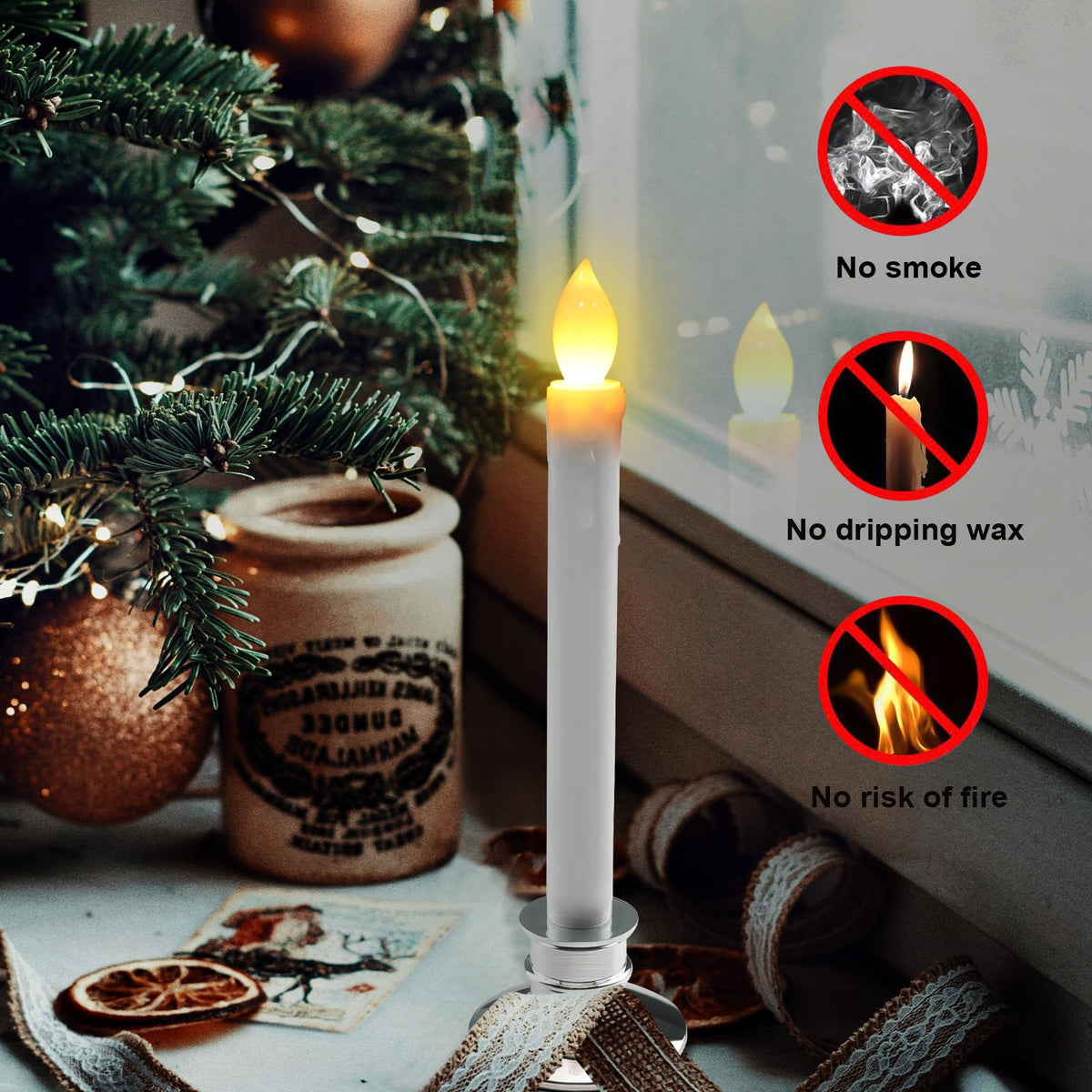 LED Flameless Window Candles With Remote Timer Sliver Base 10 PCS Battery Operated Flickering Taper Candle Lights With Removable Sliver Candle Holders Best Gift For Xmas Wedding Home Dinner Décor