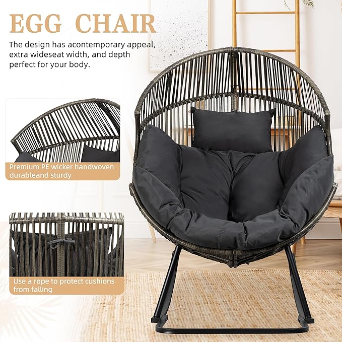 Vongrasig Wicker Rocking Egg Chair PE Rattan with Cushion, Oversized Patio Lounge Rocker Chair for Outdoor, Indoor, Balcony, Backyard, Garden, Black/Rattan