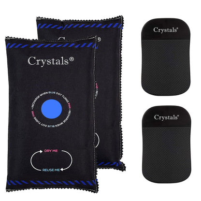 Crystals Pack of 2 x 1KG Reusable Car Dehumidifier, Van Car Caravan Home Moisture Absorber Bag with Anti Slip Pads, Moisture Condensation Absorber Damp Trap Keeps Windscreen Clear - Black