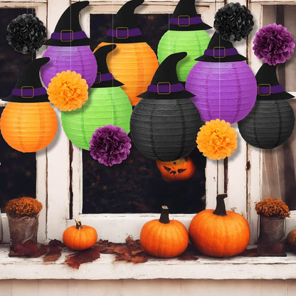 Retisee 18 Pcs Halloween Paper Lanterns Halloween Hanging Decorations Hanging Paper Lanterns with Witch Hat for Festival Indoor Outdoor Spooky Home Decor Party Supplies Props