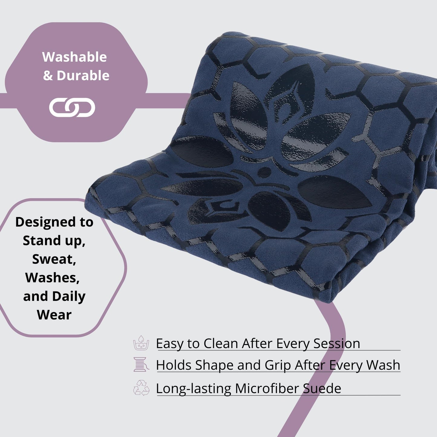 Clever Yoga Hot Yoga Mat Towel – Non-Slip Grip for Hot Yoga, Sweat Absorbent, Honeycomb Silicone Grip, Stays Flat – Ideal for Pilates, Travel, Washable & Lightweight - Dark Blue
