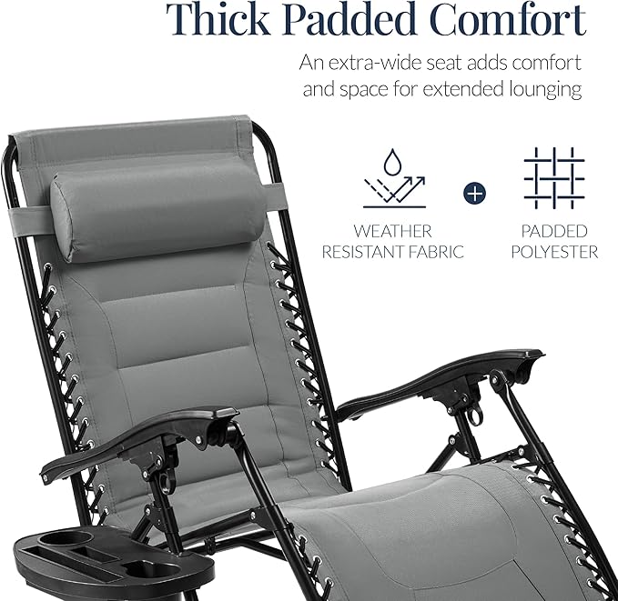 Best Choice Products Oversized Padded Zero Gravity Chair, Folding Outdoor Patio Recliner, XL Anti Gravity Lounger for Backyard w/Headrest, Cup Holder, Side Tray, Polyester Mesh - Ice Gray
