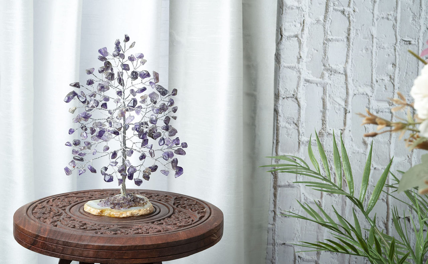 Crocon® Amethyst Gemstone Money Tree Agate Slice Base Gifts for Women Men Family Feng Shui Figurine Reiki Healing Crystals Chakra Balancing Good Luck Ornament Sculpture Mystical Home Decoration, 7"