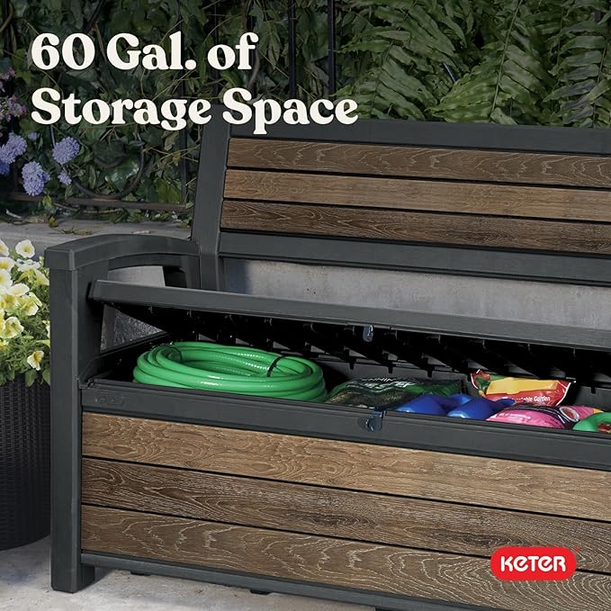 Keter Signature 60 Gallon Storage Bench Deck Box for Patio Furniture, Front Porch Decor and Outdoor Seating – Perfect to Store Garden Tools, Walnut
