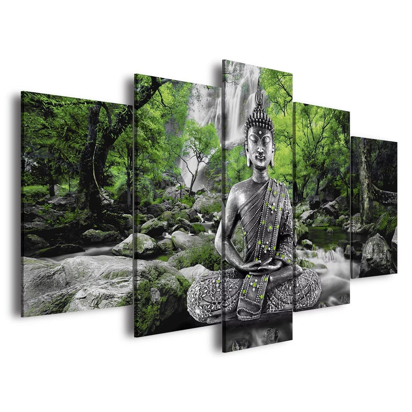 AWLXPHY Decor Buddha Wall Art Canvas Painting Framed 5 Panels for Living Room Decoration Modern Landscape Buddha Waterfall Trees Zen Stretched Artwork Giclee (Green, 40"x20")