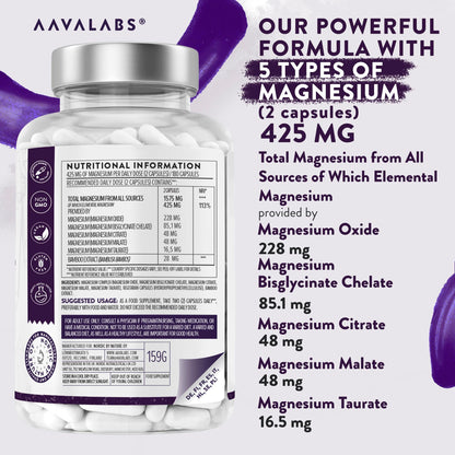 High Strength Magnesium Supplements for Women and Men -1575mg per Daily Dose (425mg Elemental) - Chelated Magnesium Glycinate, Citrate, Malate, and Oxide - 180 Capsules - Vegan