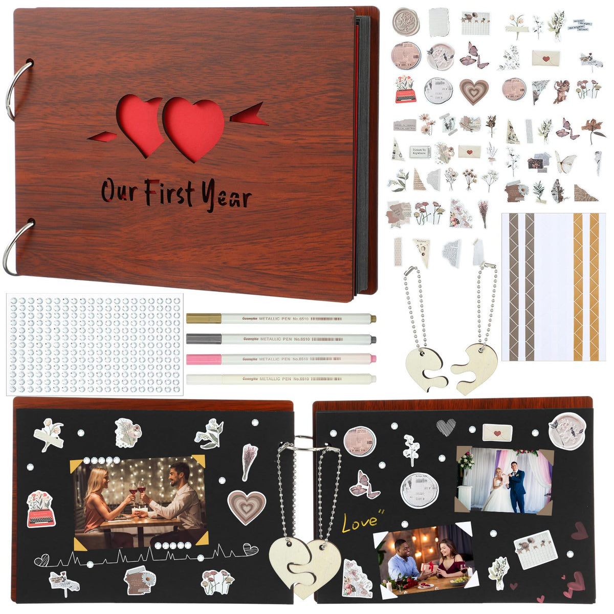 Kosiz Wooden Our First Year Anniversary Scrapbook, DIY Photo Album for Couples 8.7 x 6.3 Memory Book Wedding Love Gift for Anniversary Journaling DIY Accessory