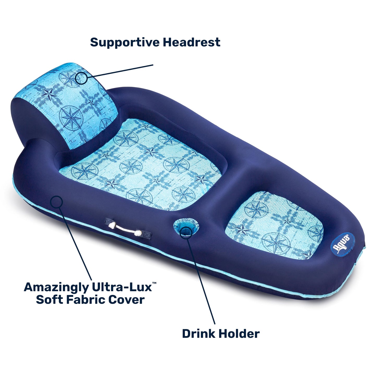Aqua Water Lounge, X-Large, Inflatable Pool Float with Headrest, Backrest & Footrest, Navy/Light Blue