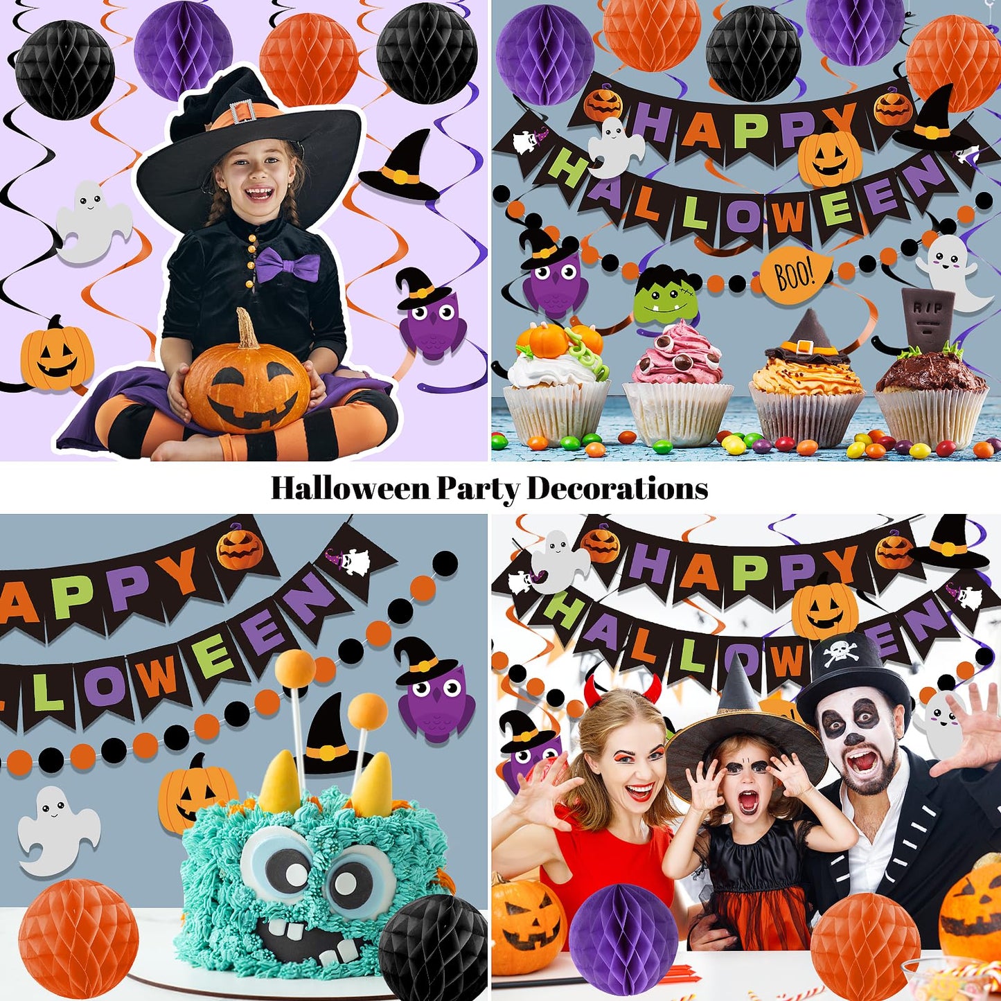 meowtastic Happy Halloween Banner Decorations - Halloween Banner with Honeycomb Ball, Hanging Swirl Streamer, Circle Dot Garland Decorations for theme Party Decorations