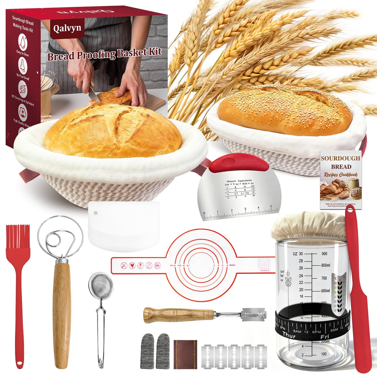 Sourdough Bread Baking Supplies, Sourdough Starter Kit with Cotton Rope Oval & Round Bread Proofing Basket and Sourdough Starter Jar, Artisan Bread Making Kit Ideal Gift for Bakers, Women Wife Mom Red