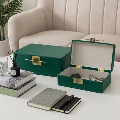 Soul & Lane Faux Leather Decorative Boxes with Lids for Home Decor, Set of 2 Stacking Hinged Boxes for Coffee Table and Living Room Shelves, Remote Control Holder, Emerald Green