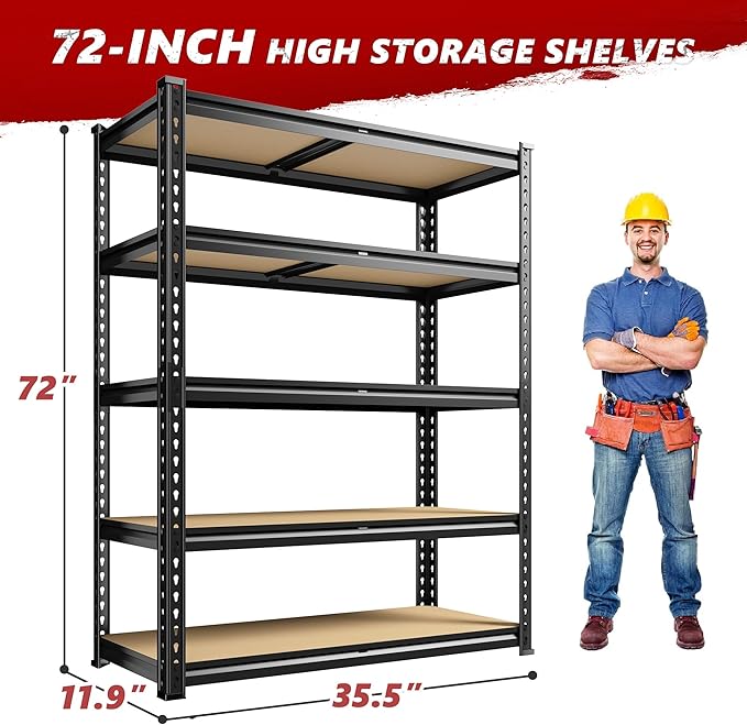 REIBII 2400LBS Garage Shelving Heavy Duty 5 Tier Storage Shelves Adjustable Garage Shelves, Utility Rack Shelf, Shelving Units for Storage Warehouse Pantry Closet, 35.5" W x 11.9" D x 72" H, 2 Pack