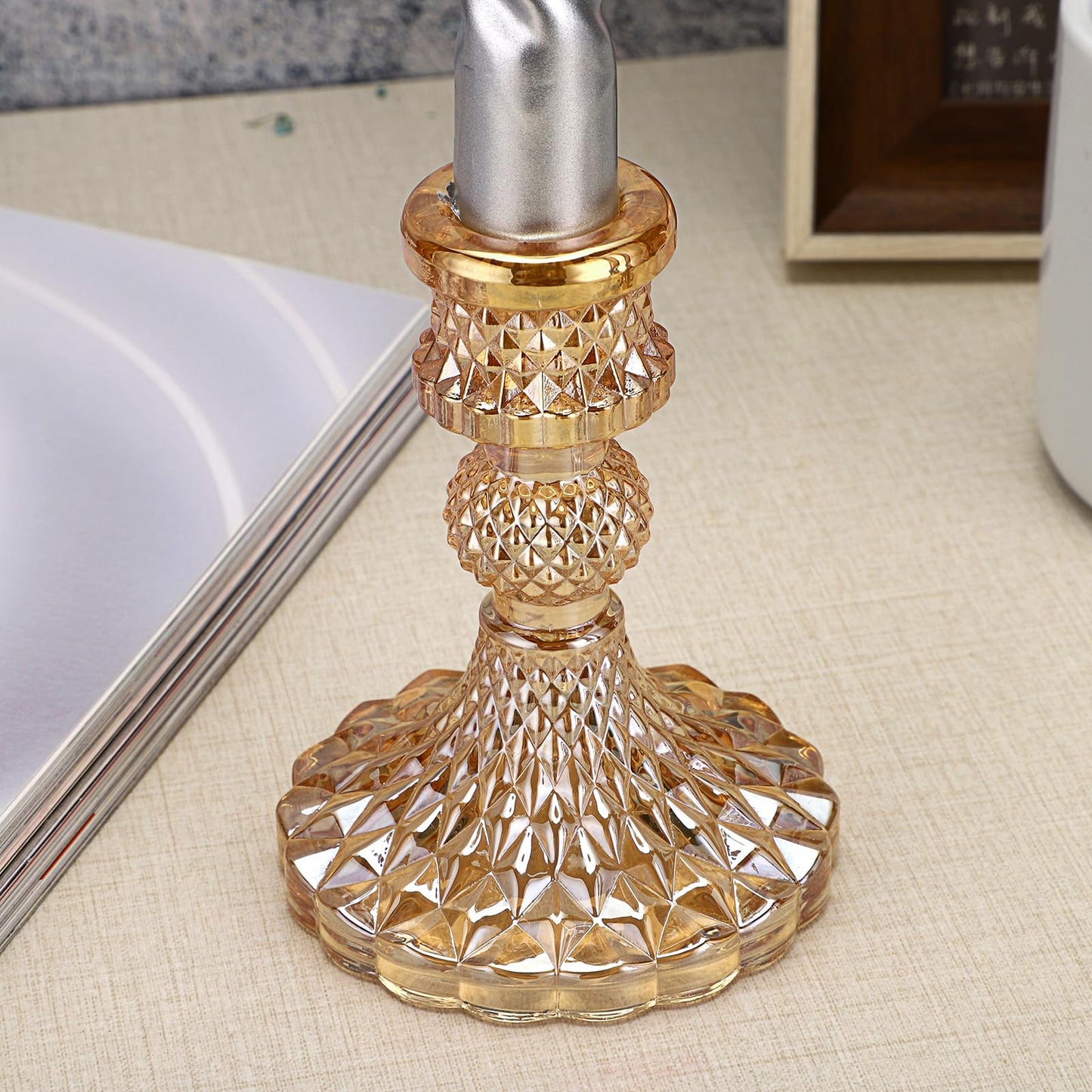 OwnMy Set of 2 Gold Glass Taper Candle Holders Decorative Glass Candlestick Holders, Modern Taper Candle Stands Candlesticks for Dining Table Centerpieces Wedding Church Decor