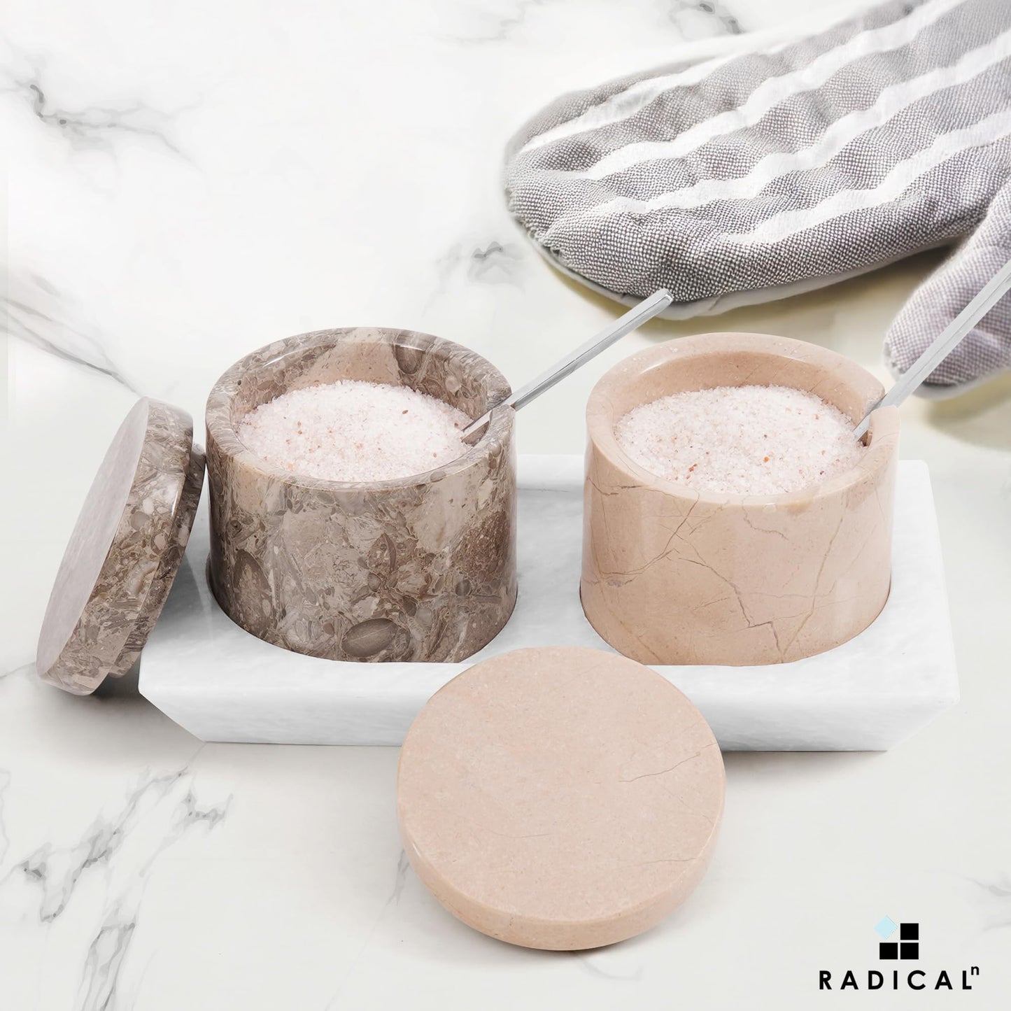 Radicaln Marble Salt Cellar with Lid and Tray 3" Inch Oceanic & Verona Handmade Set of 2 Seasoning Jars For Kitchen Storage, Ideal Table Sugar Bowl & Salt Dish For Countertop
