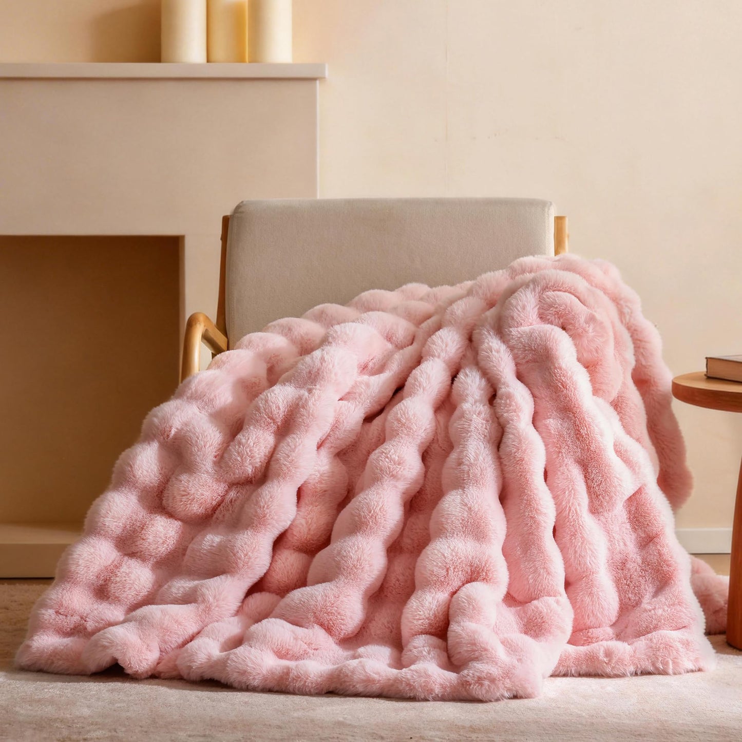 YIKUSH Faux Fur Throw Blanket for Couch, Blush Pink Fluffy Cozy Rabbit Bubble Fleece Blanket, Soft Fuzzy Blanket for Sofa & Bed, Warm Plush Thick Home Room Decor Throw 50" x 60"-1100GSM