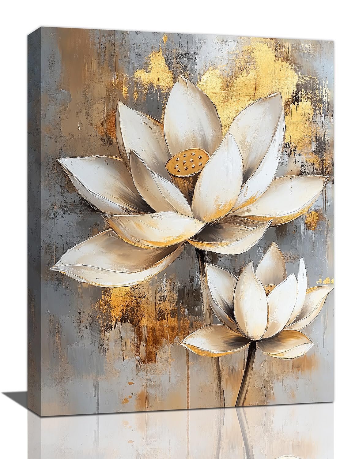 Olivine Zen Wall Art, Lotus Pictures Wall Decor, White and Golden Lotus Flower Bloom Painting Canvas Prints, Framed Artwork for Bedroom Bathroom Living Room Office Spa Meditation Yoga 16”x12”