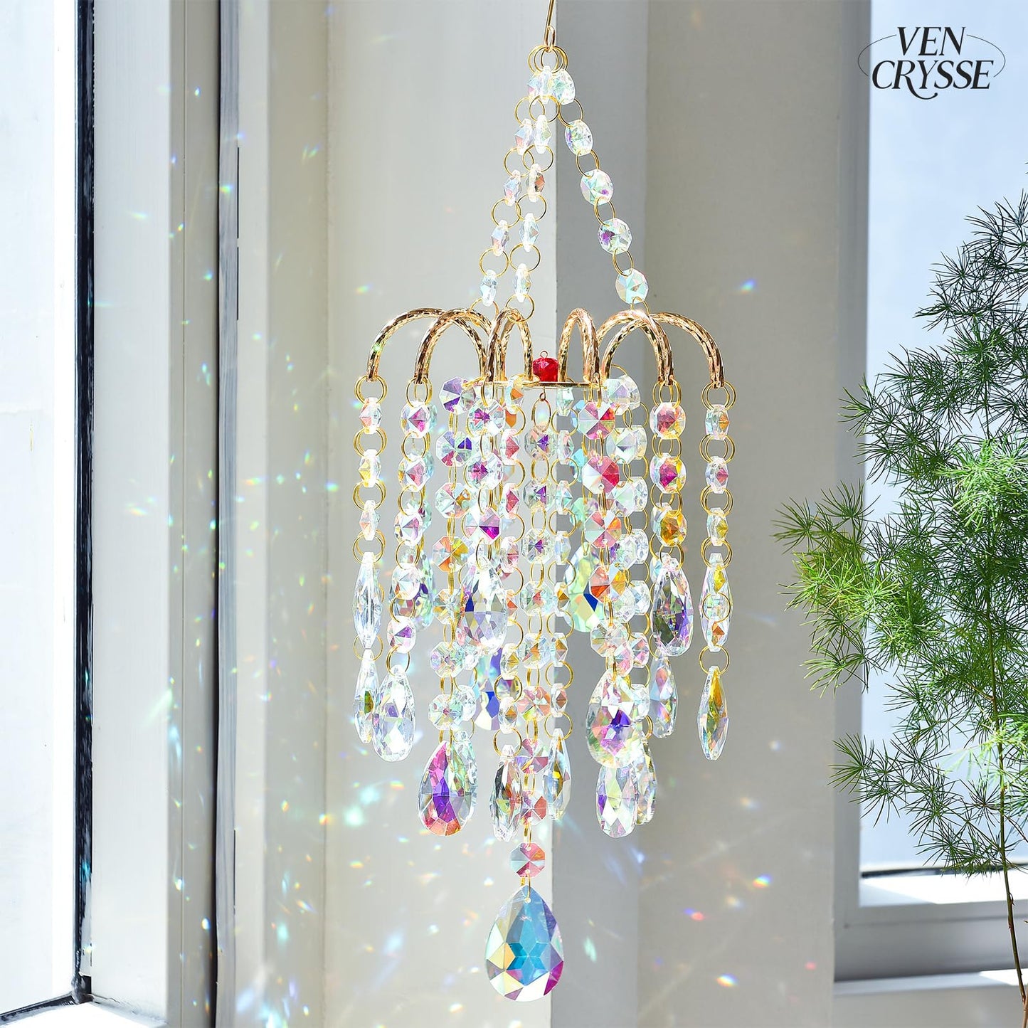 Hanging Window Garden Crystal Sun Catcher, Luxury Elegant Gold-Plated Decor, Party Crystal Ornament (Aurora)