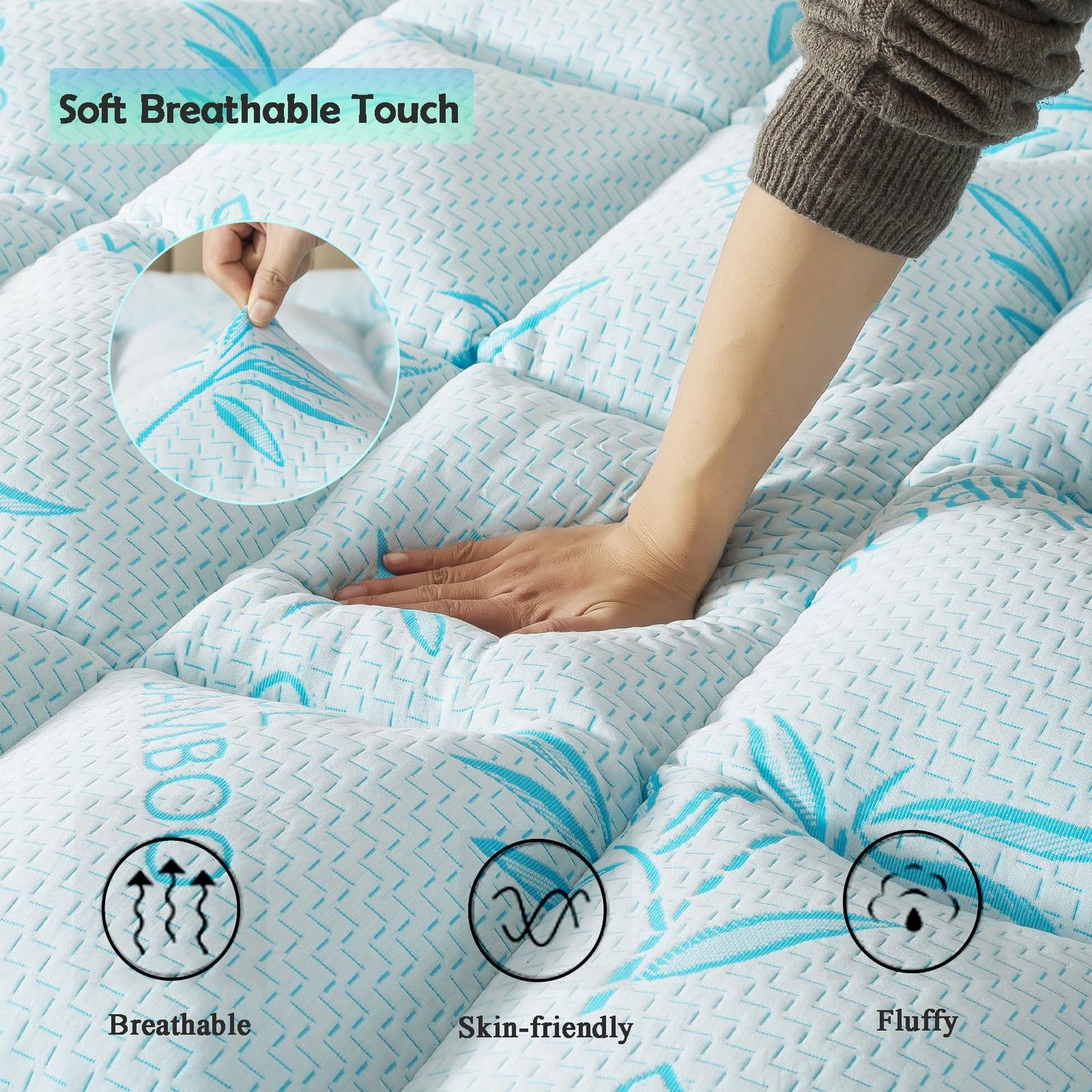 WhatsBedding 5 Inch Queen Mattress Topper Breathable Bamboo Viscose Air Layer,Memory Foam Mattress Topper Queen Size Blue.