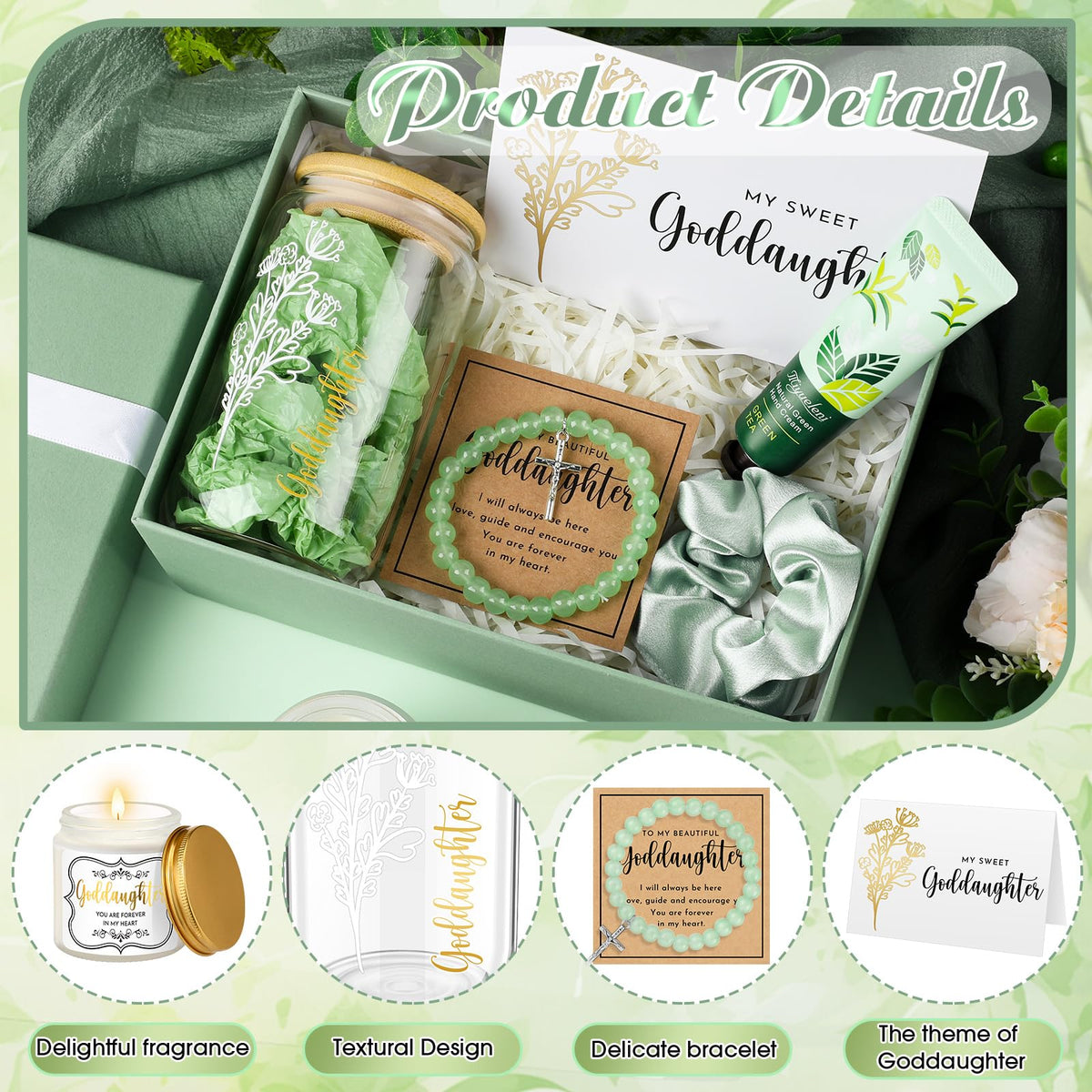 Teenyyou 9 Pcs Goddaughter Gifts from Godmother Glass Cup Bracelet Scented Candle Cream Hair Scrunchies Card Gift Box Set for Goddaughter Baptism(Sage Green)