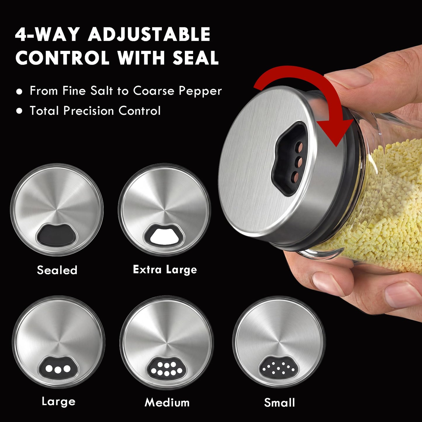 Shatterproof Glass Salt and Pepper Shakers Set Leak & Moisture Proof - 4 Adjustable Holes Precision Control - 5oz Borosilicate Glass Sugar & Spice Jars with Stainless Lid, Wide-Mouth, Dishwasher Safe