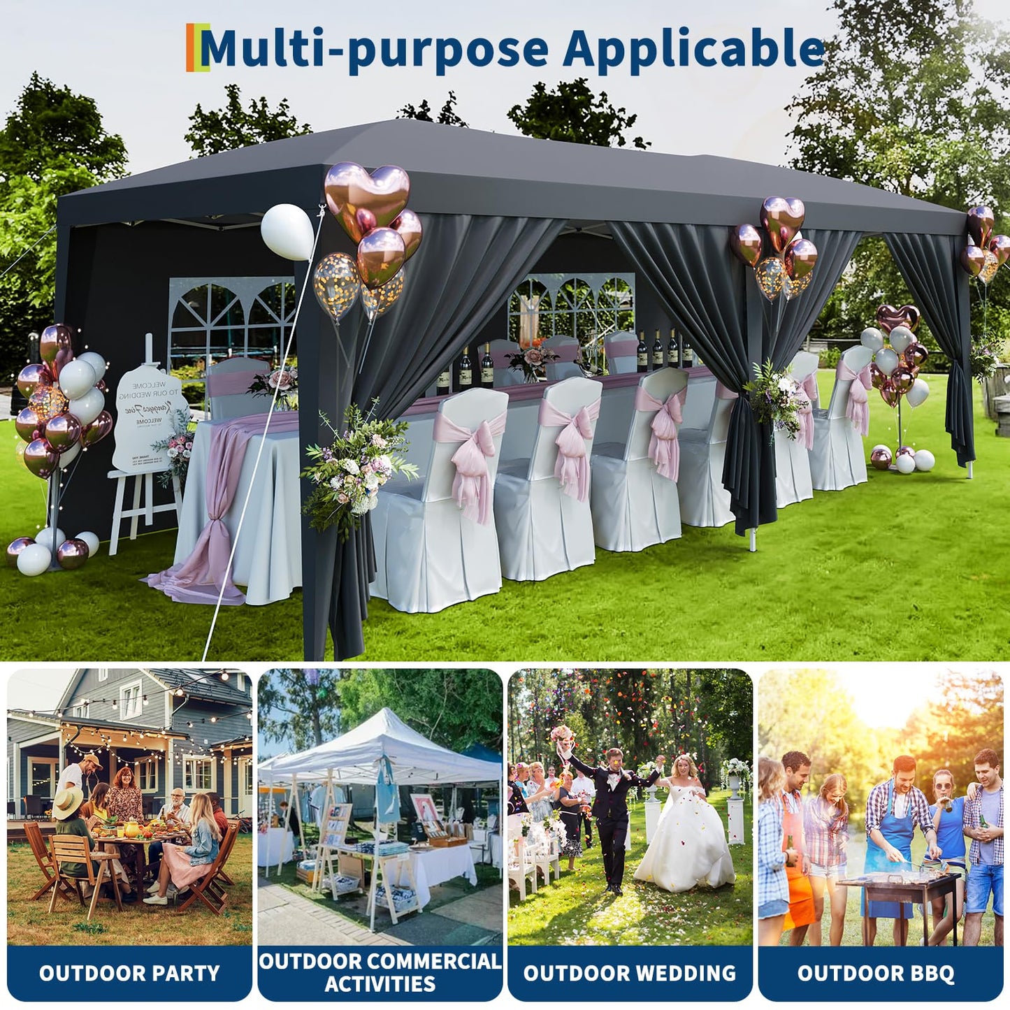 GarveeTech 10x20 FT Pop Up Canopy Tent with 6 Removable Sidewalls, Reinforced Waterproof Outdoor Gazebo, 3 Height Adjustable Party Tent for Wedding, Market, Backyard Events, Includes Carry Bag