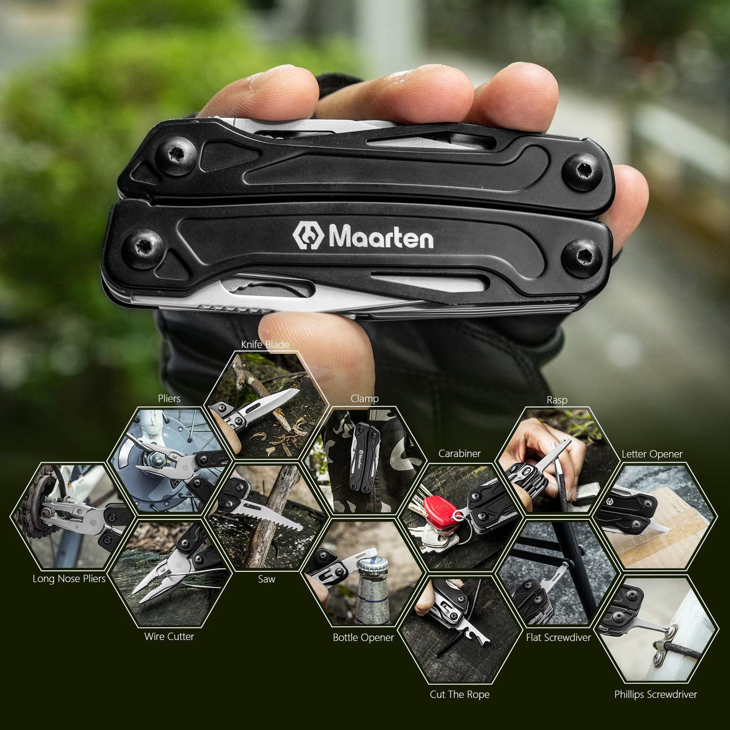 Maarten Multitool Pliers, 13 in 1 Stainless Steel Pocket Multi Tool Pliers with Pocket Clip, Portable Safety Locking Multi-Plier with Folding Saw, Bottle Opener and Durable Nylon Sheath