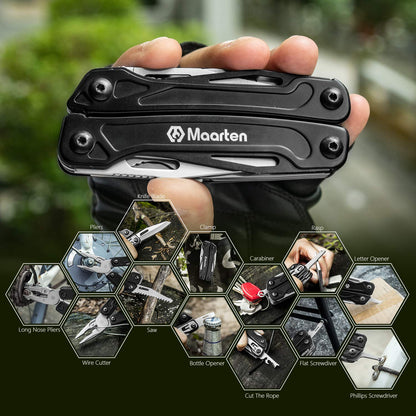 Maarten Multitool Pliers, 13 in 1 Stainless Steel Pocket Multi Tool Pliers with Pocket Clip, Portable Safety Locking Multi-Plier with Folding Saw, Bottle Opener and Durable Nylon Sheath