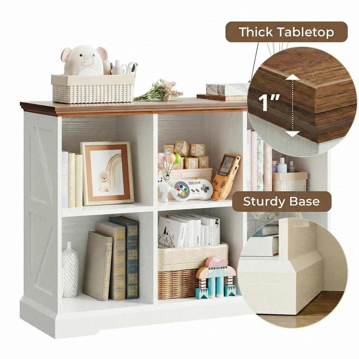 IRONCK 6 Cube Storage Organizer, Wooden Cube Shelf with Storage, Farmhouse Bookcase for Bedroom, Living Room and Home Office, White