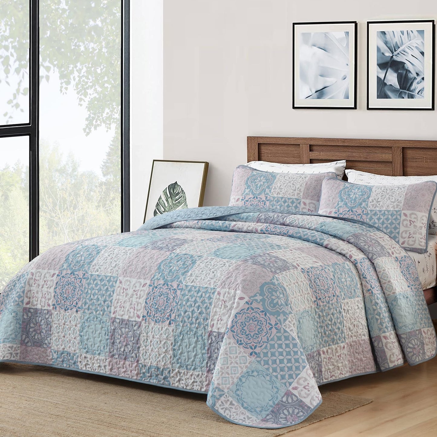 Dobuyly Quilt Set Queen Size, Light Blue/Pink Patchwork Bedspread 3 Pieces, Boho Plaid Summer Coverlet Set, Soft Lightweight Quilt Bedding Set for All Seasons 96"x90"