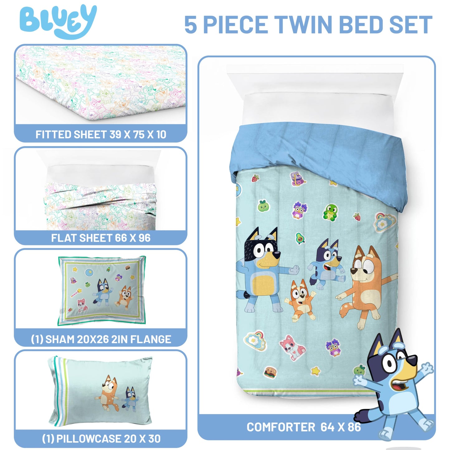 Jay Franco Kids Bed Set, Blue, Bluey, 5 Piece Twin