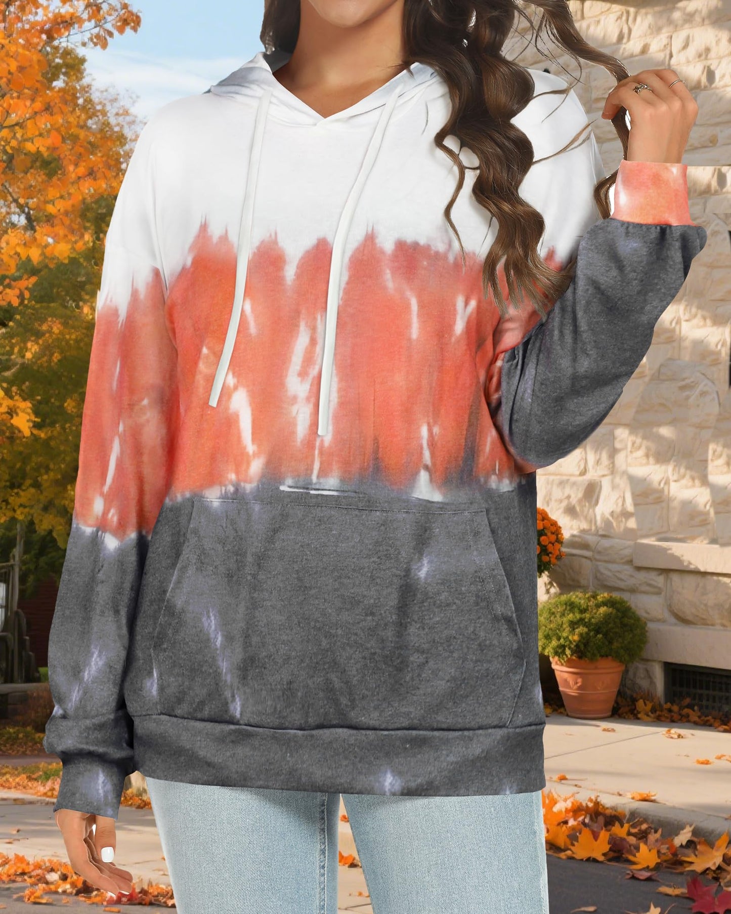 rosemia Hoodies for Women Sweatshirts Casual Long Sleeve Pullover Loose Lightweight Fall Clothes(Orange White Tie Dye,L)