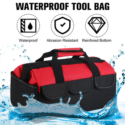 Sanwuta 3 Pack Tool Bag for Men with Waterproof Hard Bottom, Heavy Duty Tool Bag Wide Mouth Tote for Various Instrument, Electrician Carpenter Mechanic (Blue, Red, Yellow,16 Inch,Side Pockets)