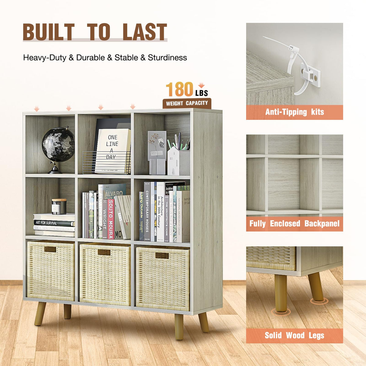 ELYUP 9-Cube Open Shelf Bookcase - 3-Tier Wooden Floor-Standing Bookshelf with Legs and Backpanel, Ideal for 11-inch Fabric Storage Bins and Miscellaneous Organizer, Oak