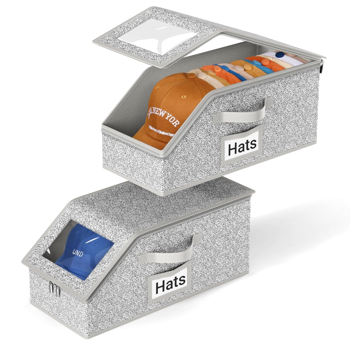 AOODA 2 PCS Stackable Hat Storage for Baseball Caps, Holds up to 24 Caps Hat Organizer for Closet, Sturdy Snapback Boxes for Men with Cardboard, Grey