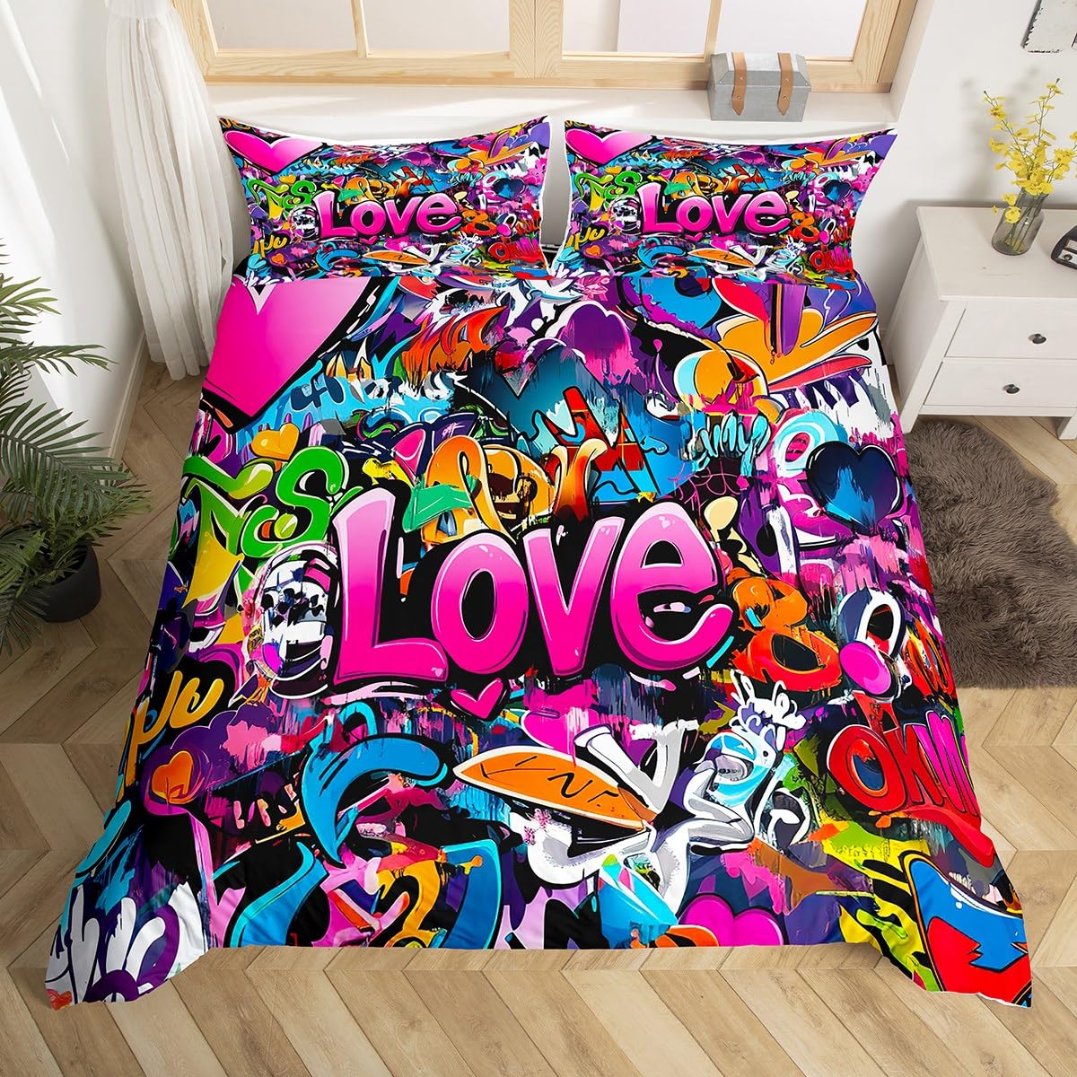 Feelyou Hippie Graffiti Duvet Cover Hip Hop Sports Bedding Set for Kids Boys Teens Rock Music Comforter Cover Set Trippy Abstract Art Quilt Cover with 2 Pillowcases King Size